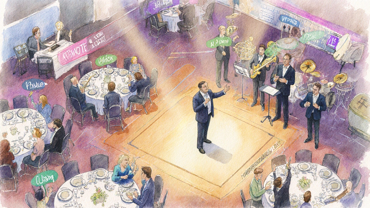 Ballroom gala showing speaker, auction, dinner tables, and band with a timeline ribbon.