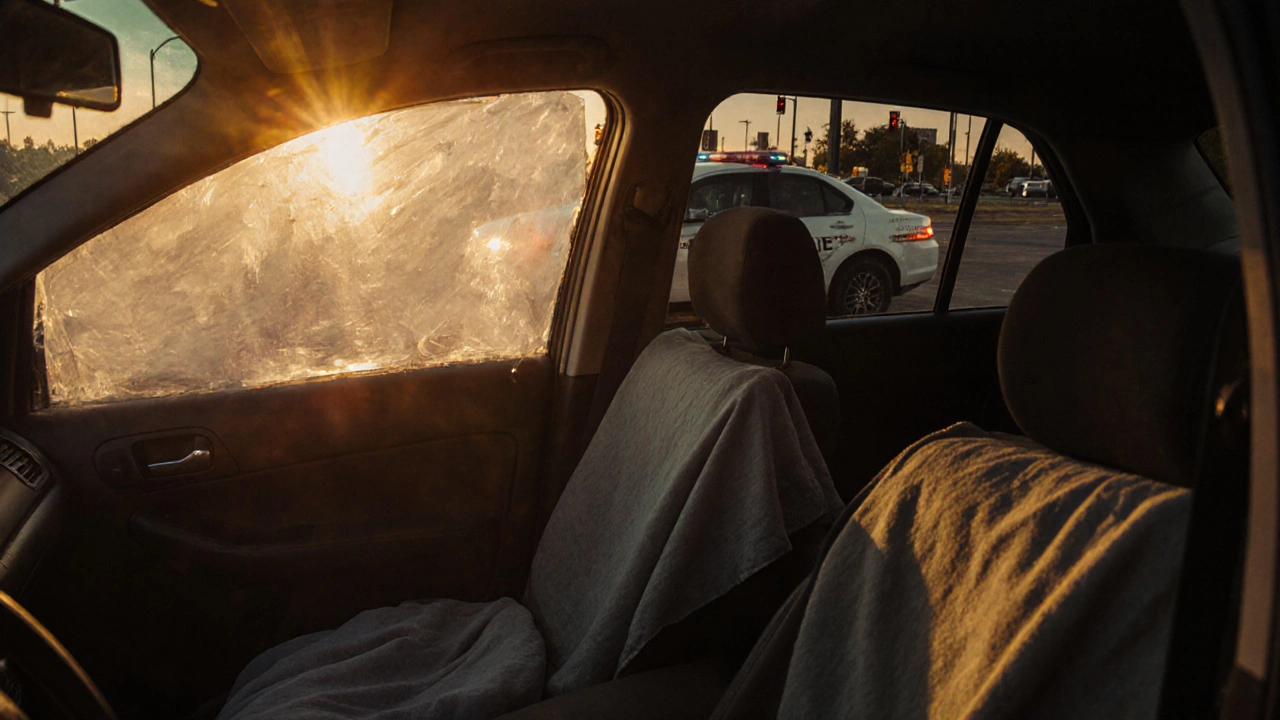 Car parked at sunrise with window shade and police cruiser passing by.