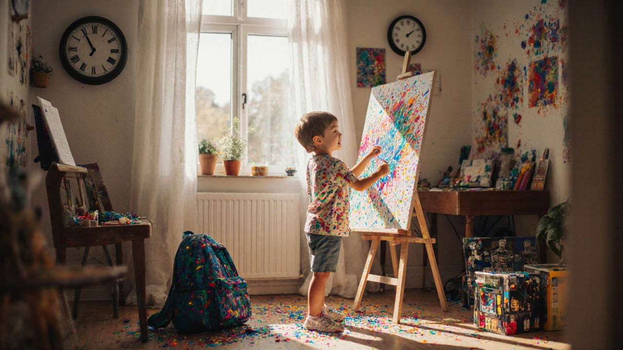 Child happily painting in a sunlit studio, other activities ignored on a nearby chair.