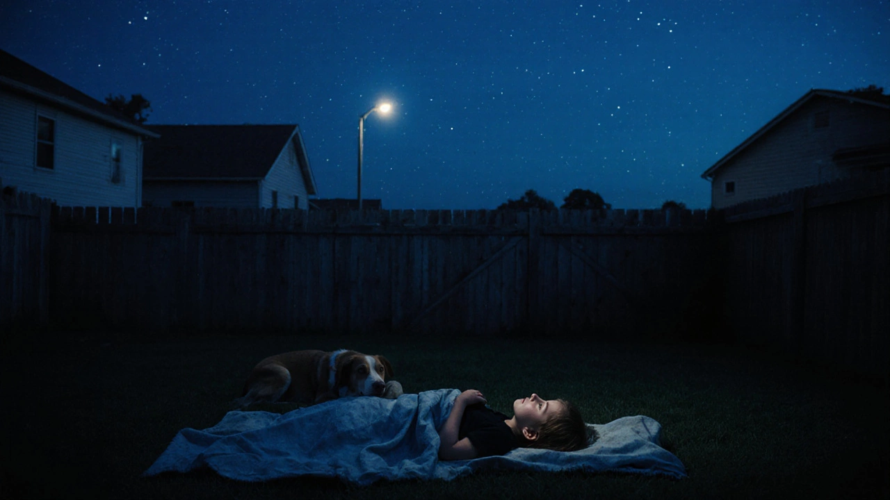 Child lying under the stars in the backyard, relaxed and unoccupied, no devices in sight.