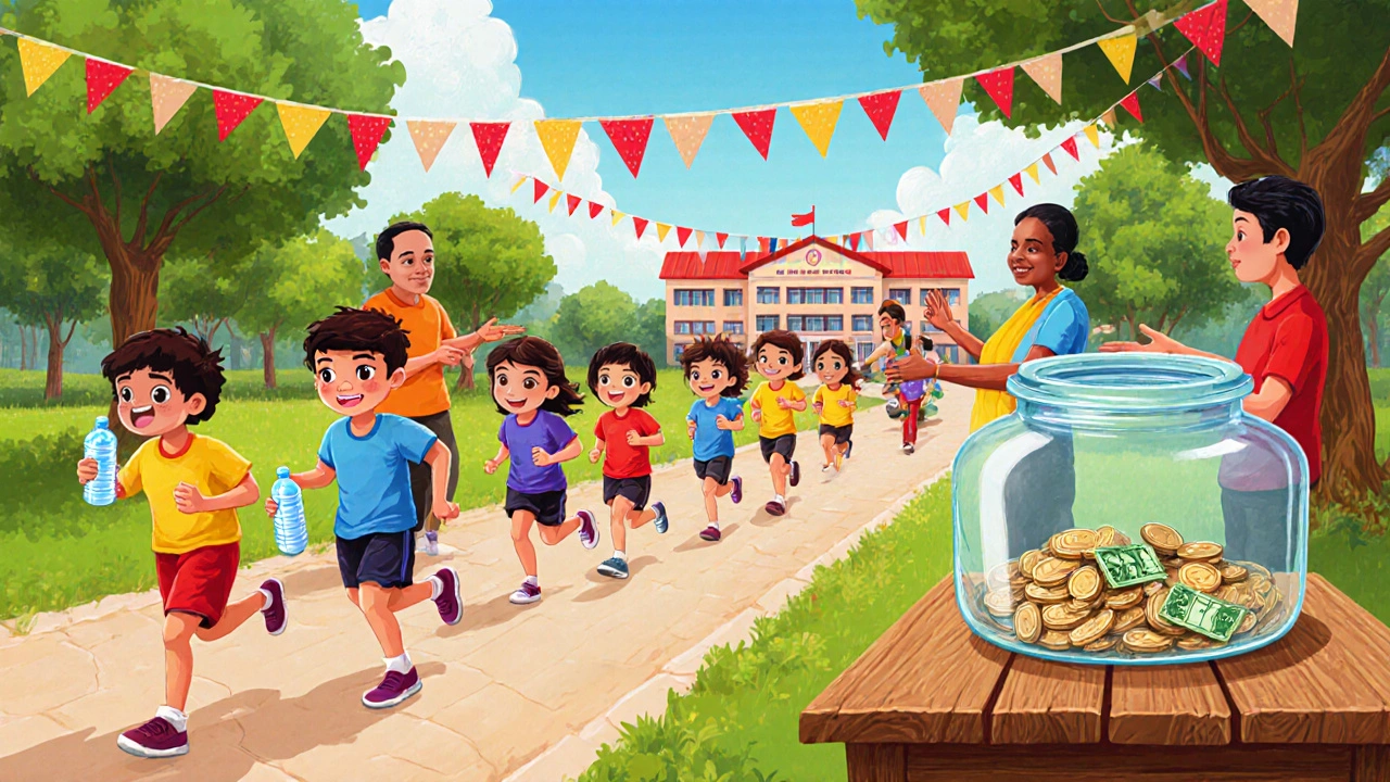 Children running a community fun‑run with volunteers and a donation jar in a sunny park.