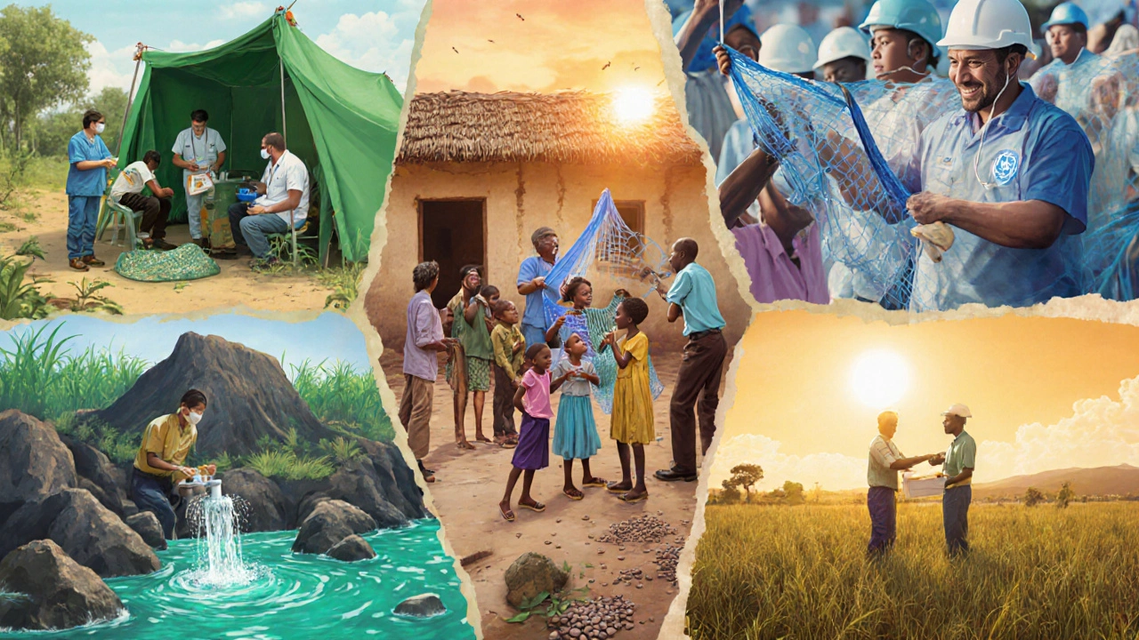 Collage of five humanitarian scenes: medical aid, vaccinations, mosquito nets, water well, and farming support.
