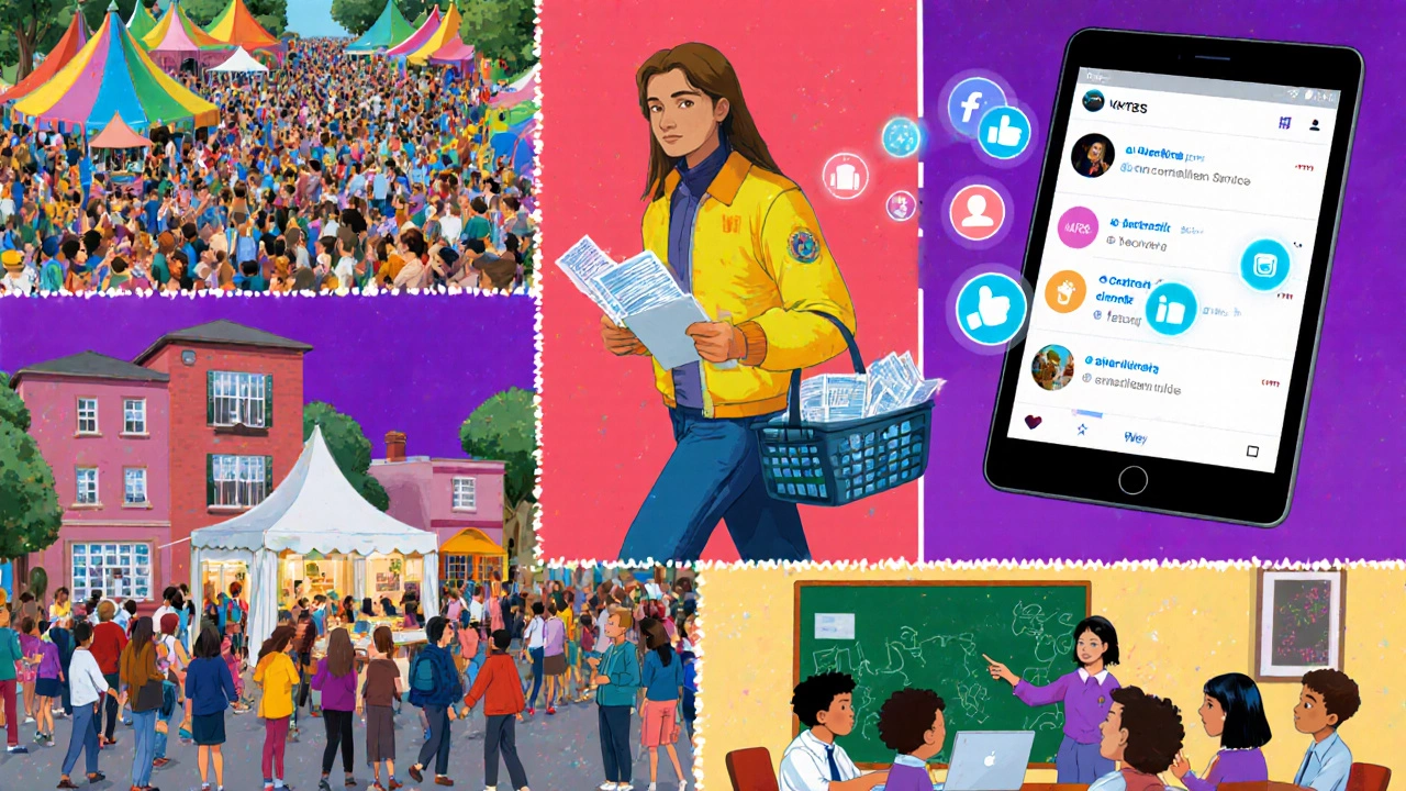 Colorful collage of outreach activities: fair, canvassing, social media, school workshop.