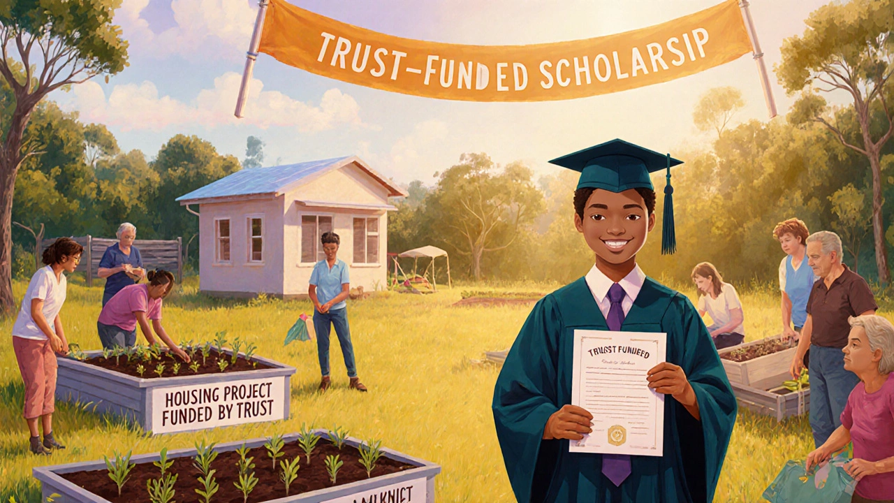 Community garden and scholarship ceremony showing trust-funded impact on beneficiaries.