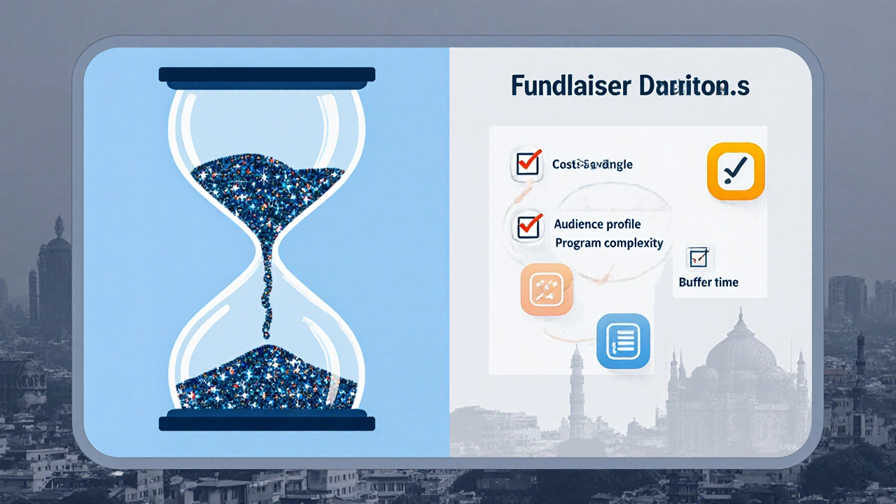 Conceptual planning board with hourglass of coins and checklist icons over a city backdrop.