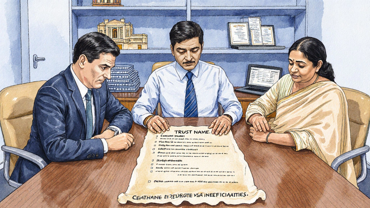 Diverse trustees reviewing a trust deed with symbols of assets in a modern office setting.