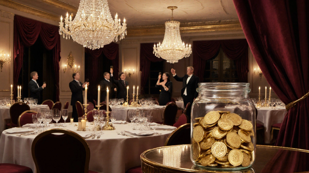 Elegant gala ballroom with a jar of golden coins representing surplus funds.