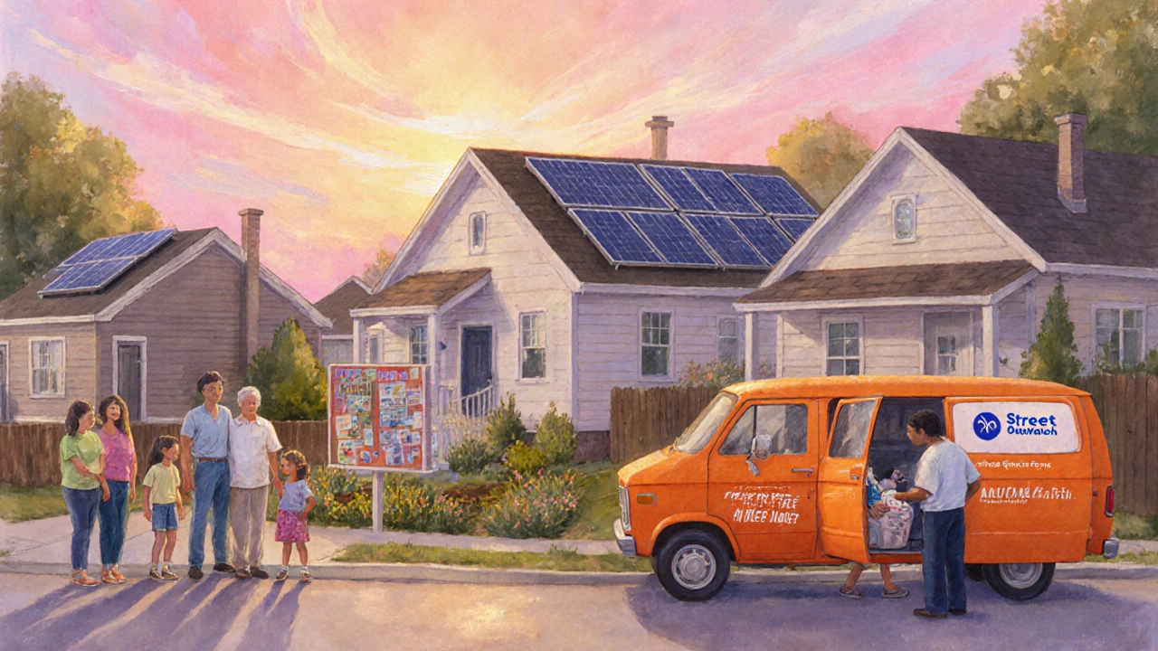 Families standing in front of affordable homes with an outreach van nearby.