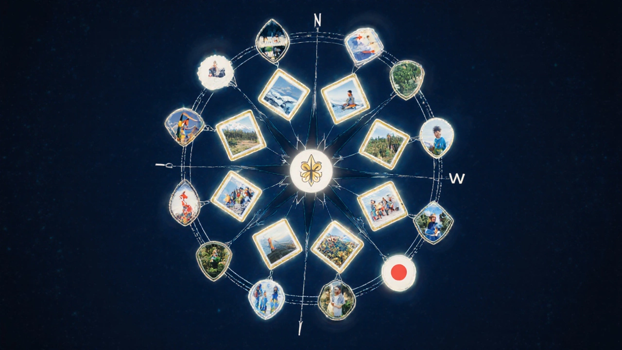 Global network of Scout badges forming a compass rose with scenes from around the world.