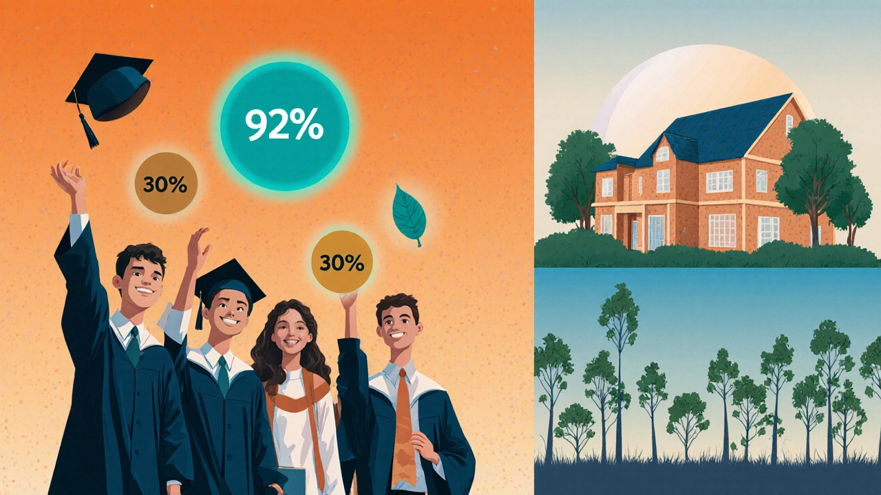 Graduates, families, and trees representing measurable impact outcomes.