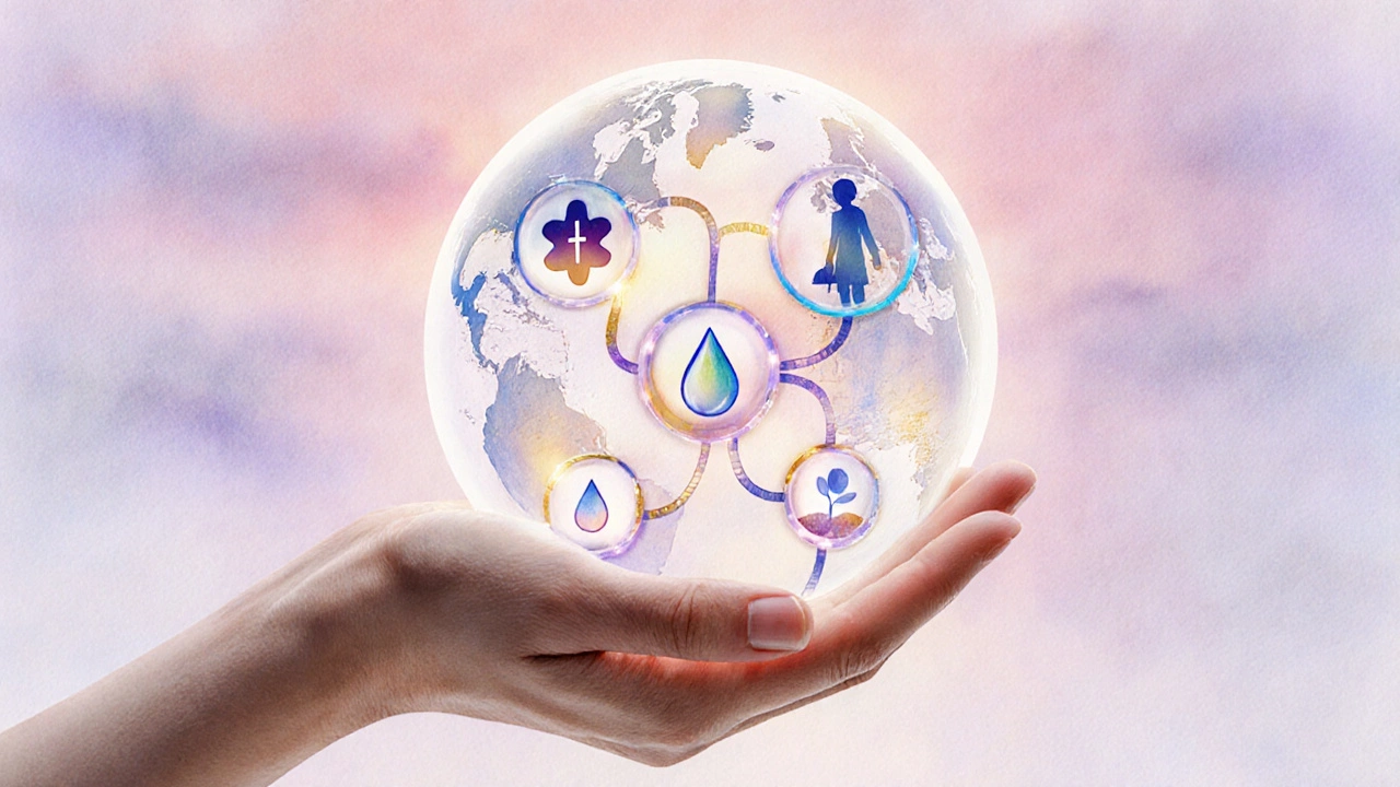 Hand holding a globe with four glowing pathways to health, education, water, and poverty relief.