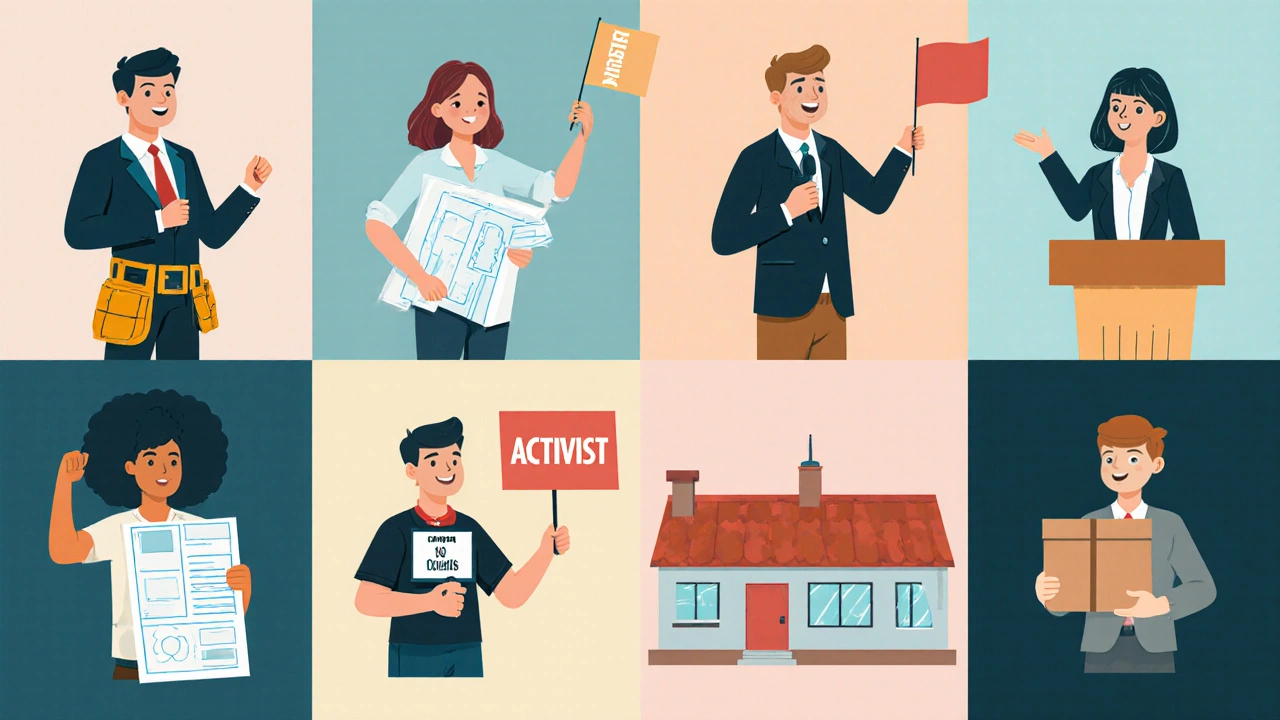 Illustrated collage of eight characters each representing a volunteer synonym.