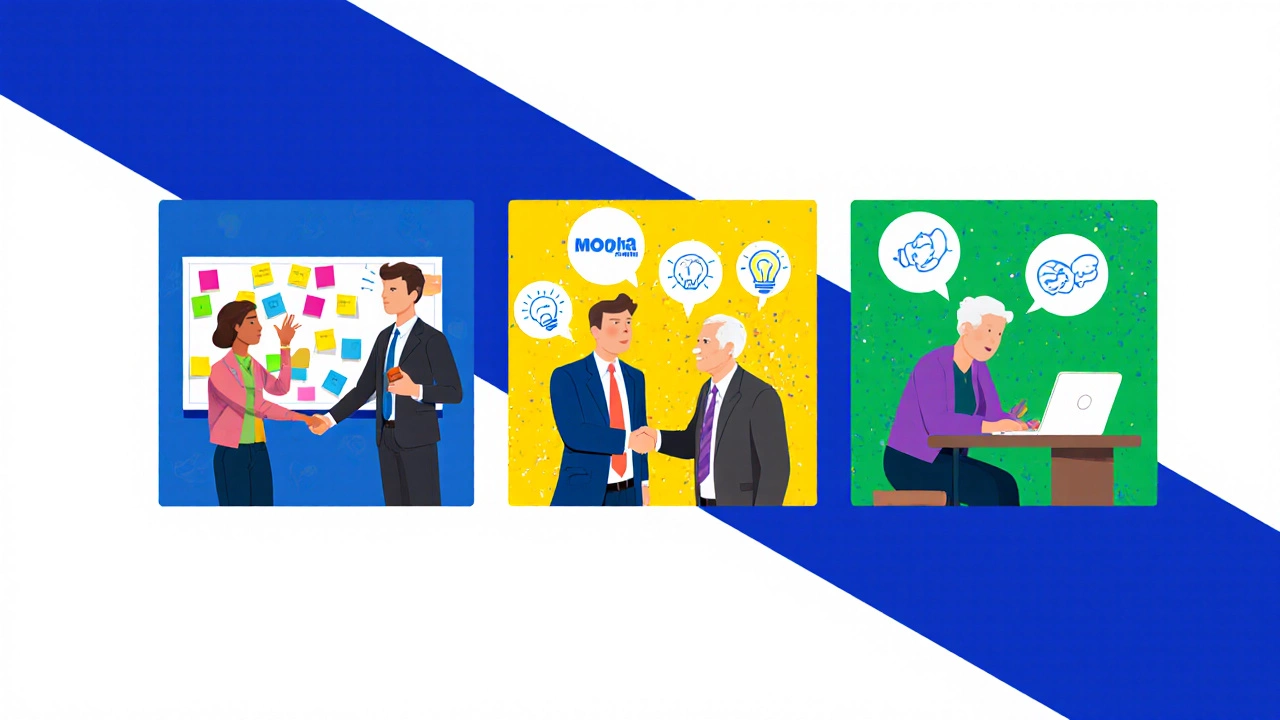 Illustrated split scene of a student workshop, professional networking, and retiree mentoring.