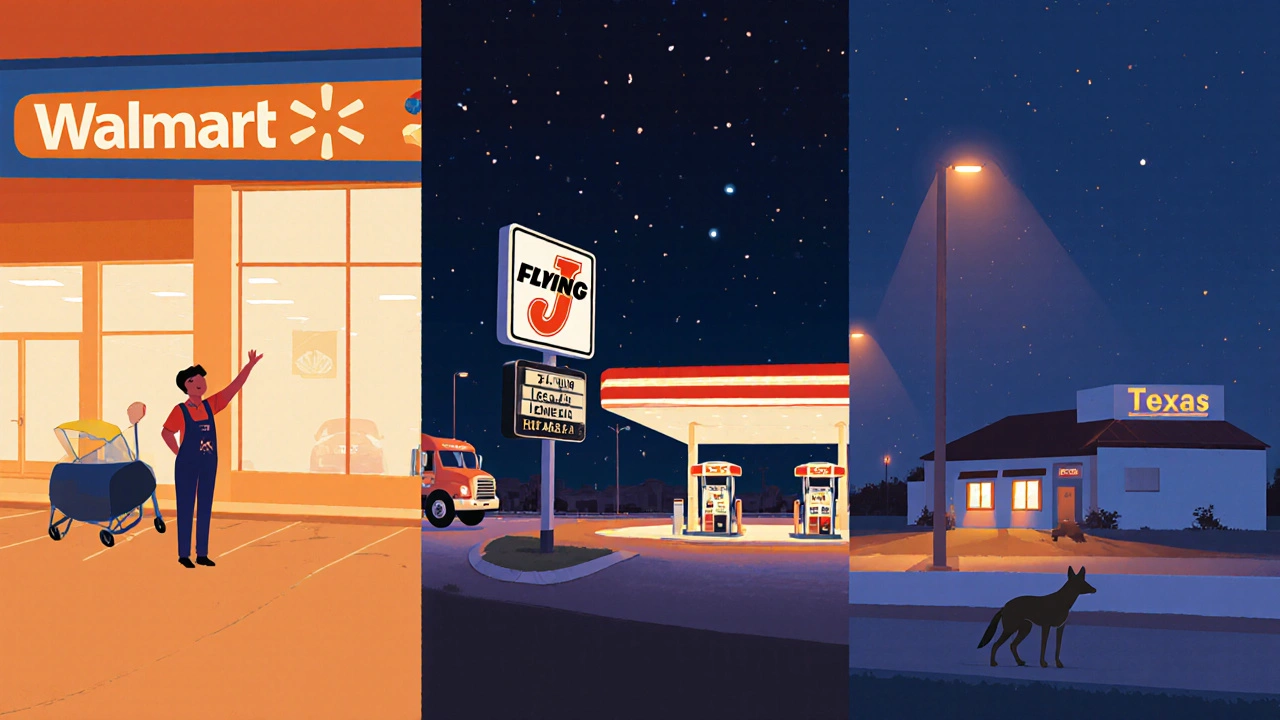 Illustration of Walmart lot, truck stop, and Texas rest area as legal sleeping spots.