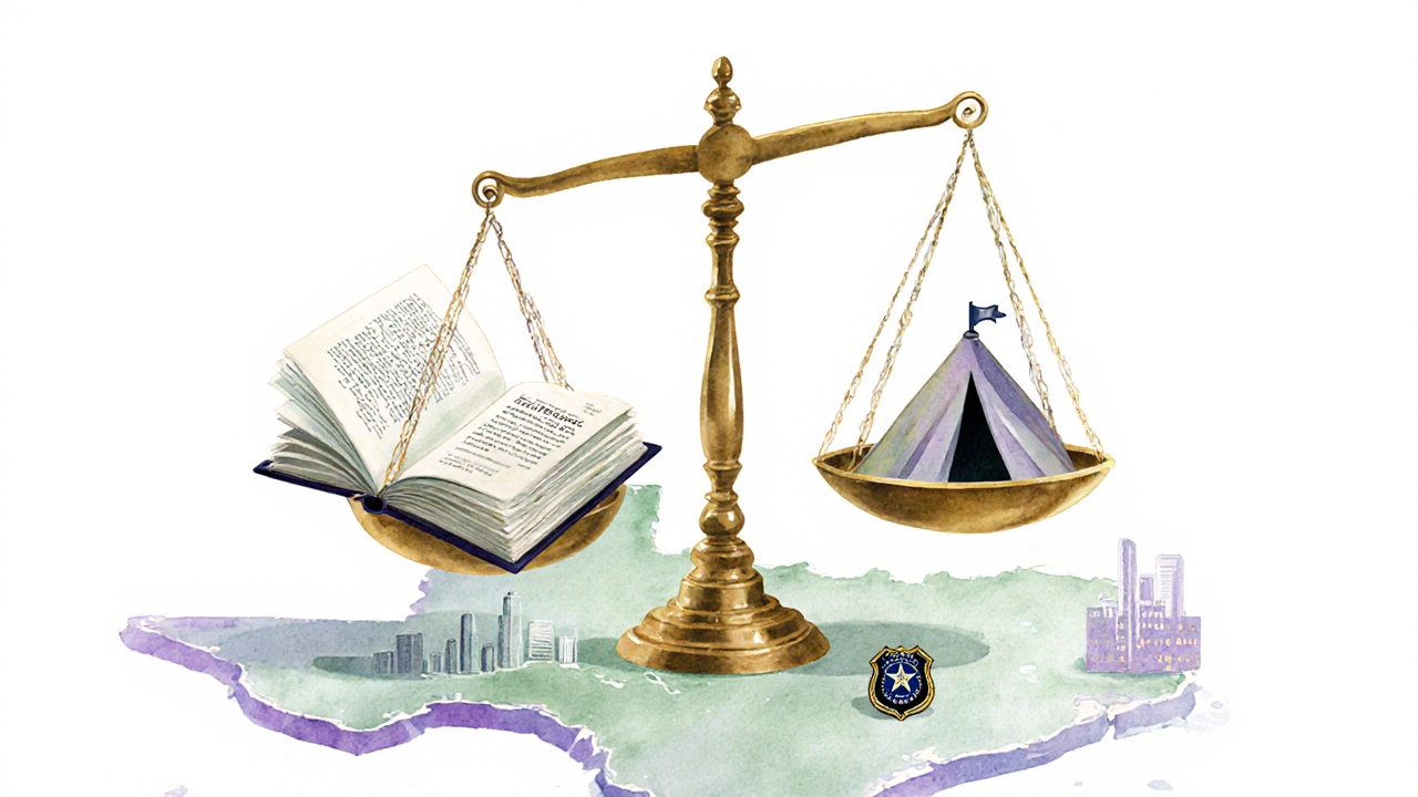 Justice scales over a Texas map with a legal book and tent silhouette in watercolor style.
