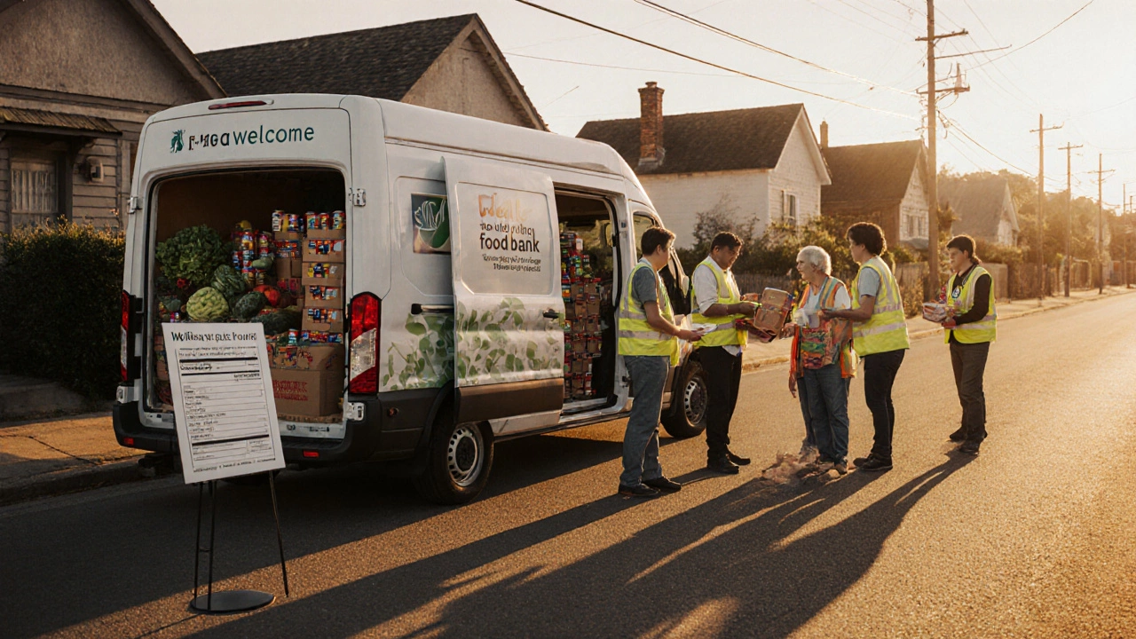 Mobile food‑bank van distributing supplies with volunteers and families at sunrise.