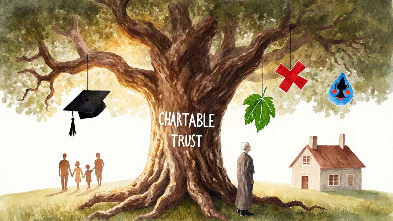 Oak tree with roots labeled charitable trust and branches showing scholarship and health symbols.