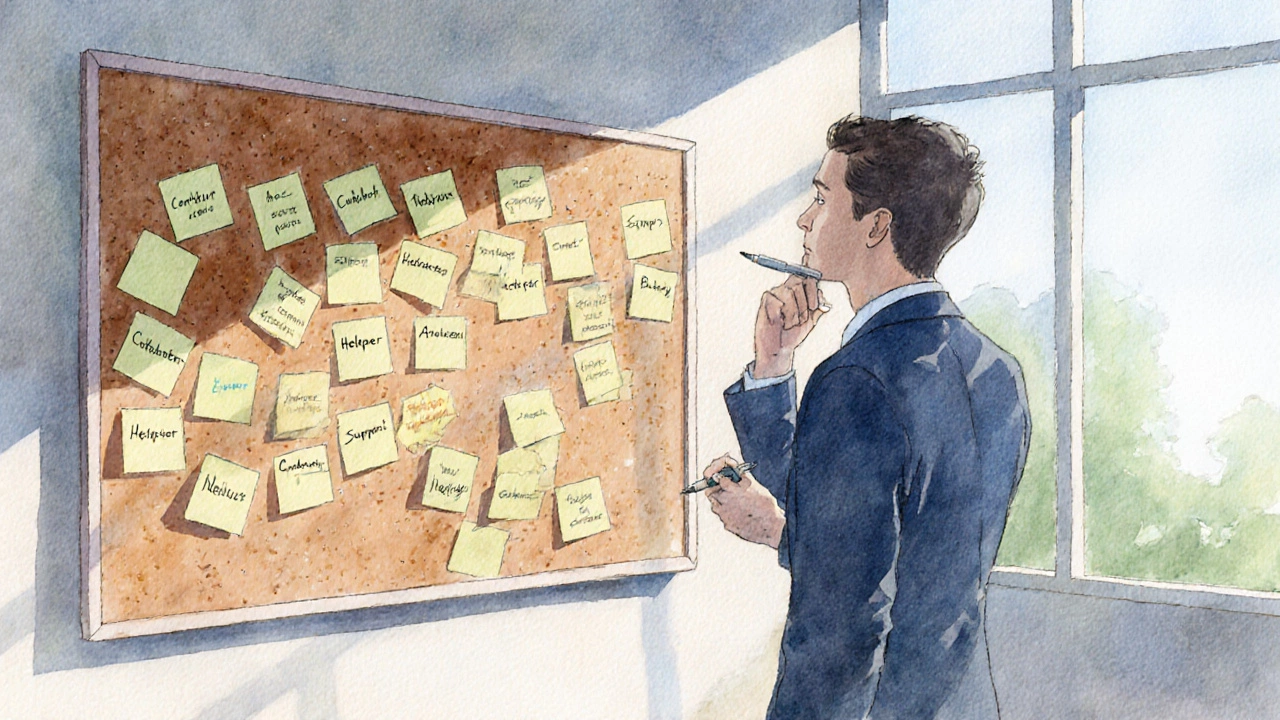Office scene with a manager reviewing role cards on a corkboard.