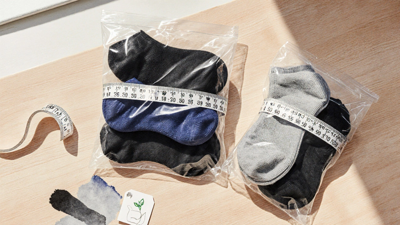 Overhead view of neatly packaged new socks with measuring tape and sealed bags on a wooden surface.
