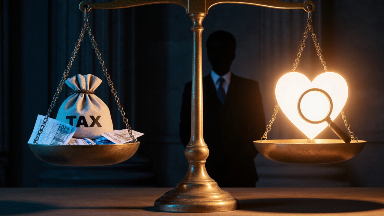 Scales balancing tax savings against charitable impact under a scrutinizing magnifying glass.