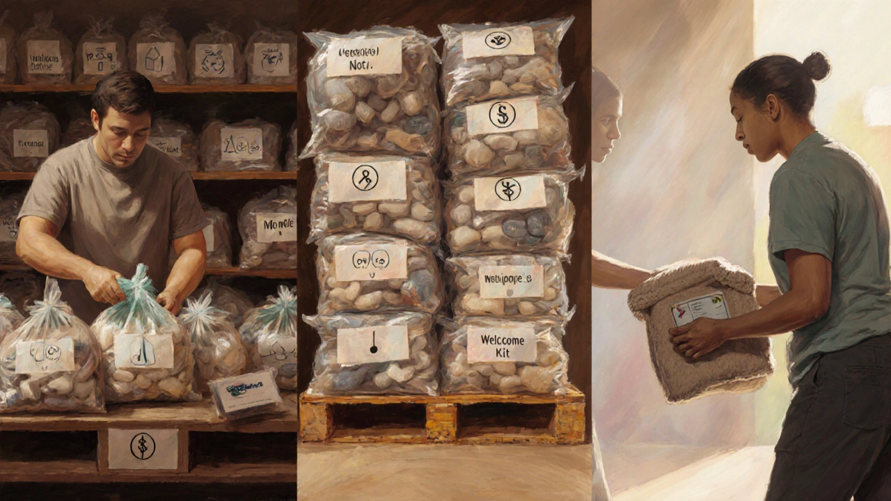 Shelter volunteers sorting socks and giving a welcome pack to a resident, illustrating the donation process.