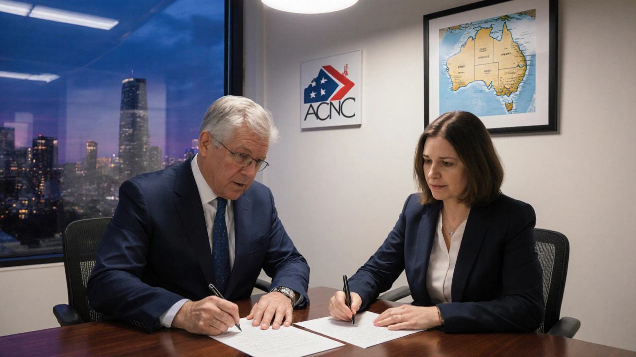 Solicitor and corporate trustee signing a charitable trust deed in a Melbourne office.