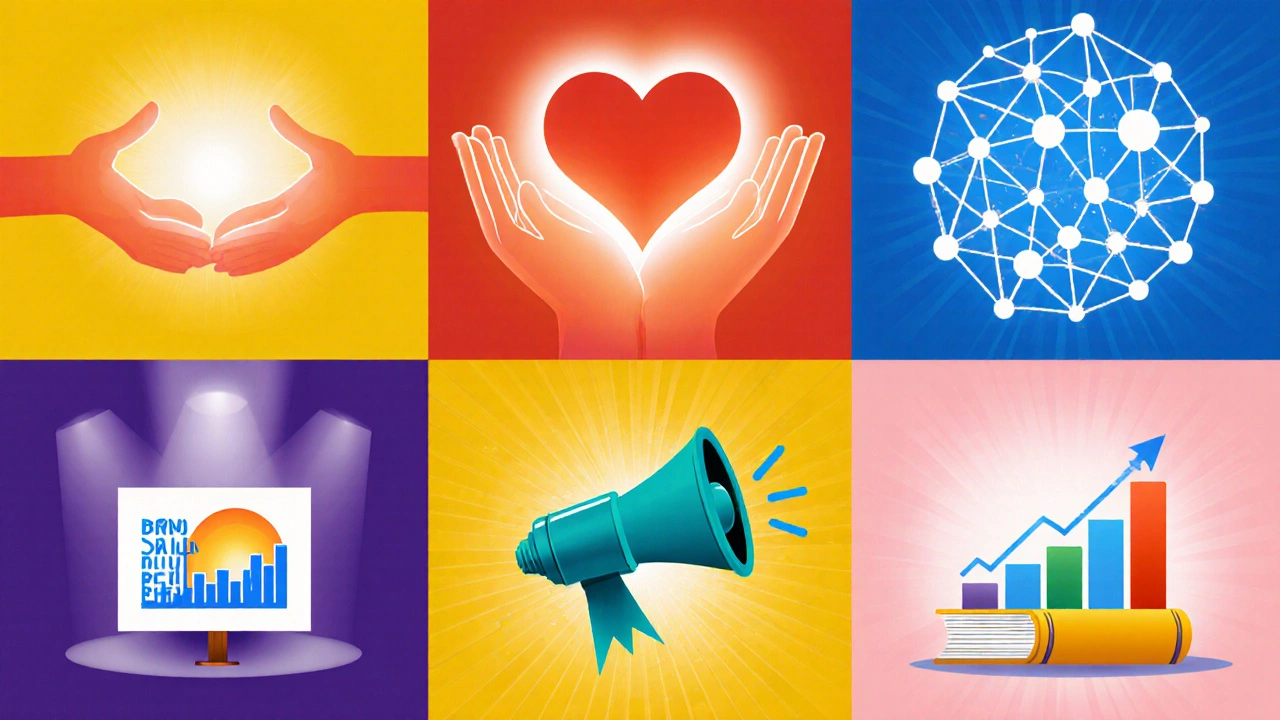 Split illustration showing six outreach motivations with icons.