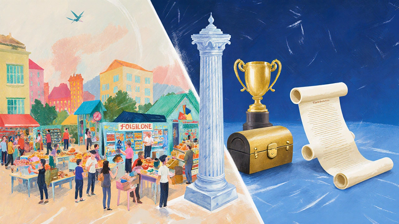 Split scene contrasting community charity work with trust endowment activities.