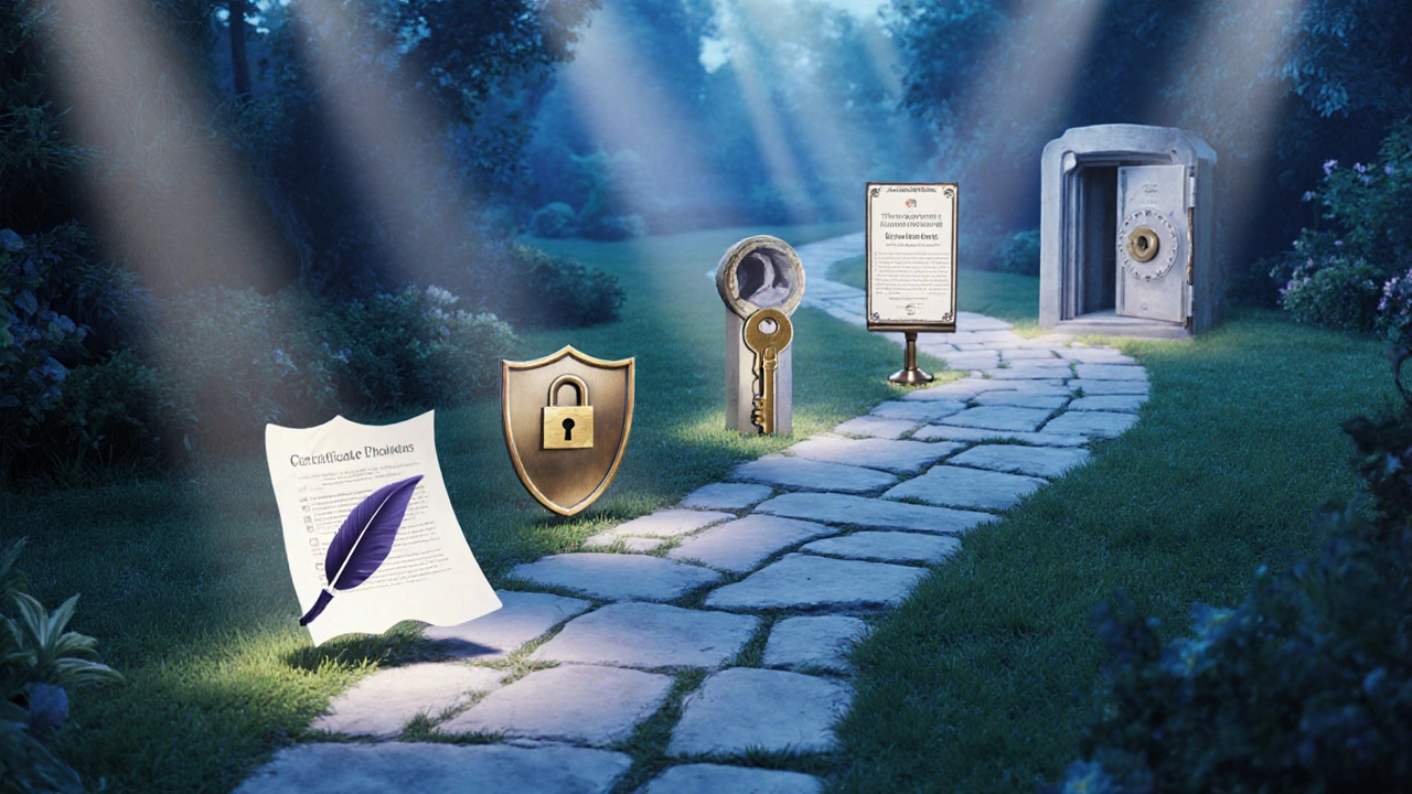 Stone path with five symbolic milestones representing trust setup steps.