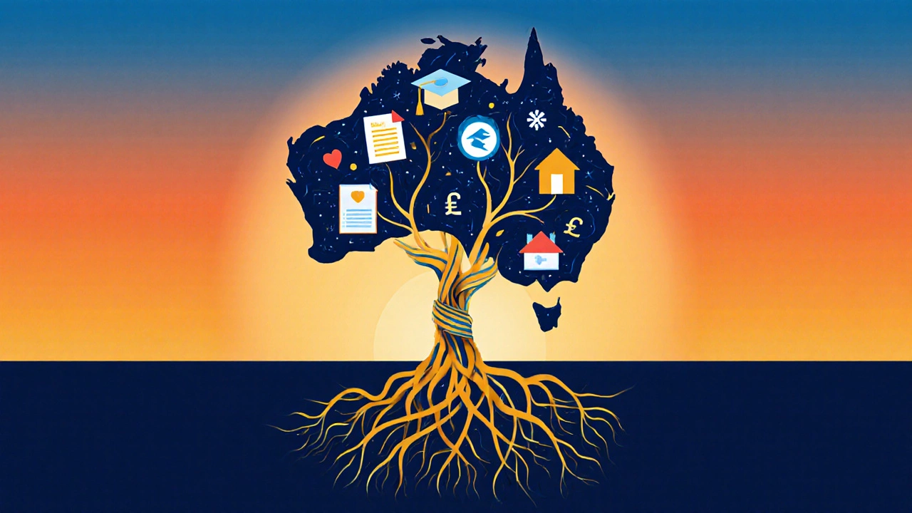 Tree shaped like Australia with branches showing icons of education and mental health.