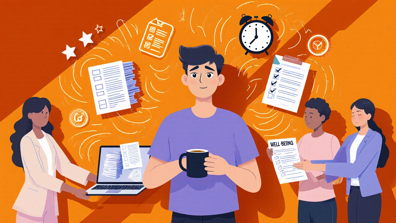Volunteer looks exhausted amid task icons, indicating burnout.