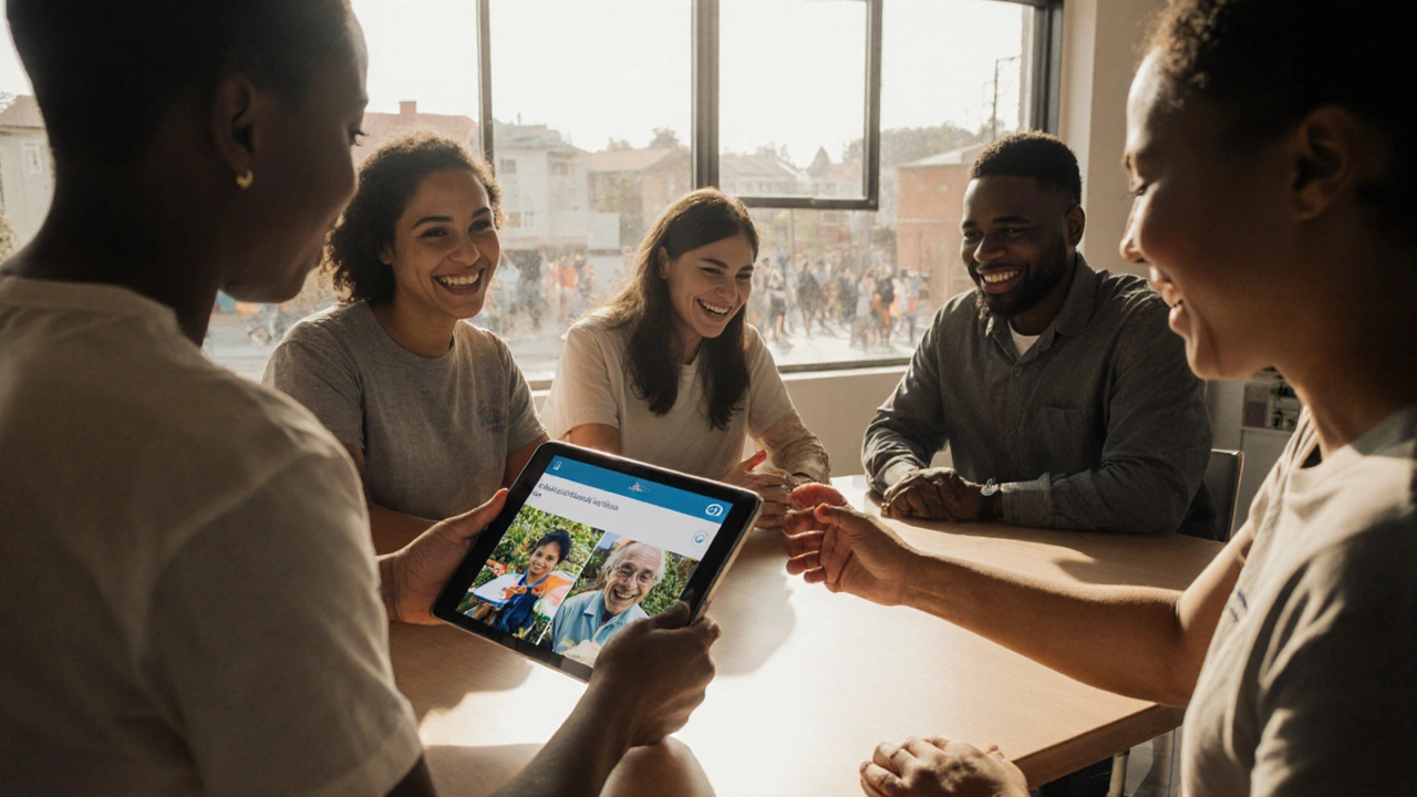 Volunteers handing a tablet showing beneficiary videos to a donor.