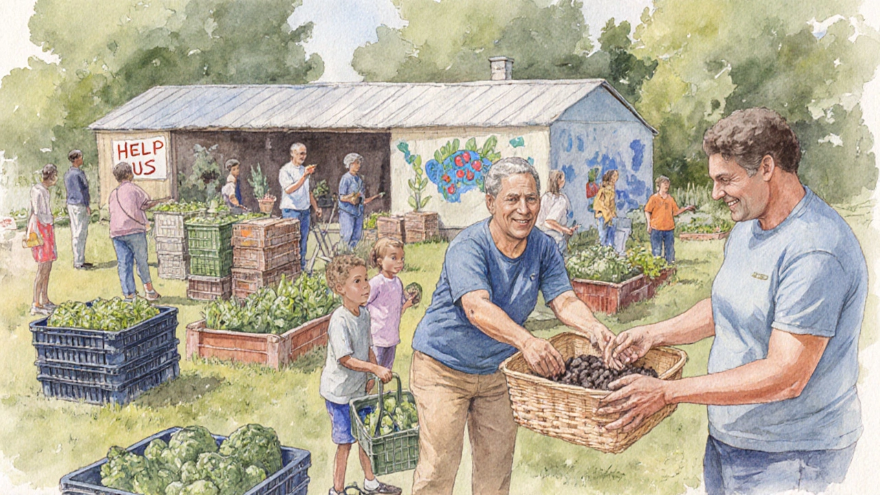 Watercolor of volunteers delivering food, painting, and gardening for a community garden.