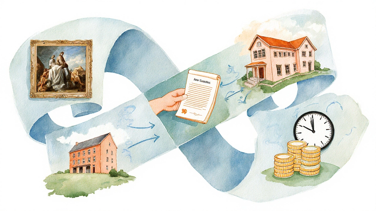 Watercolor ribbon diagram showing five CGT‑avoidance strategies with assets.