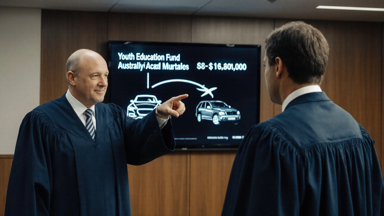 A courtroom scene with a judge pointing at a trustee accused of misusing charitable funds for personal luxury.