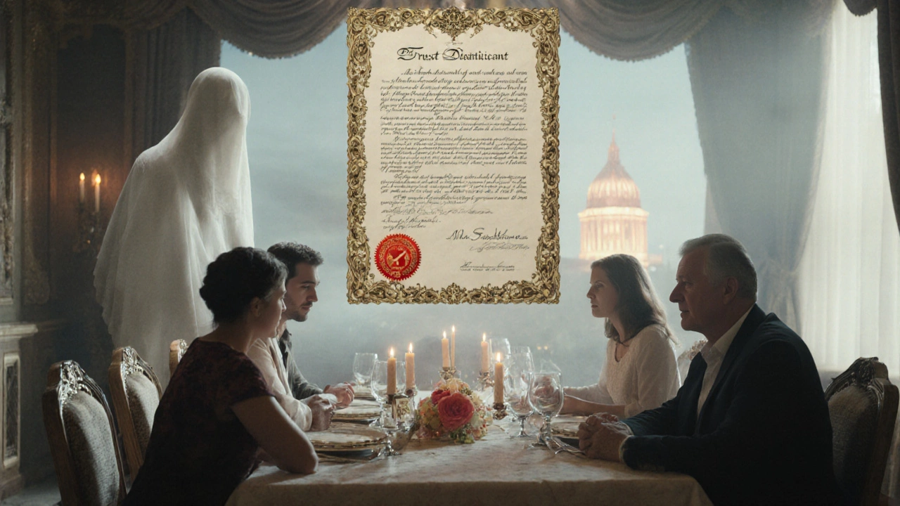 A family at dinner with empty seats, overshadowed by a floating trust document directing wealth to a charity.