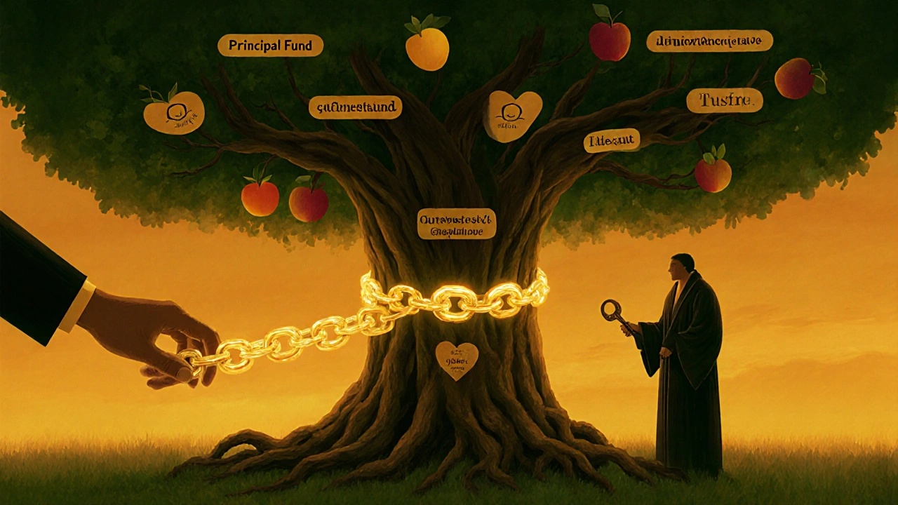 A golden chain connects a donor&#039;s hand to a tree with charity-themed fruits, representing legacy and fund separation.
