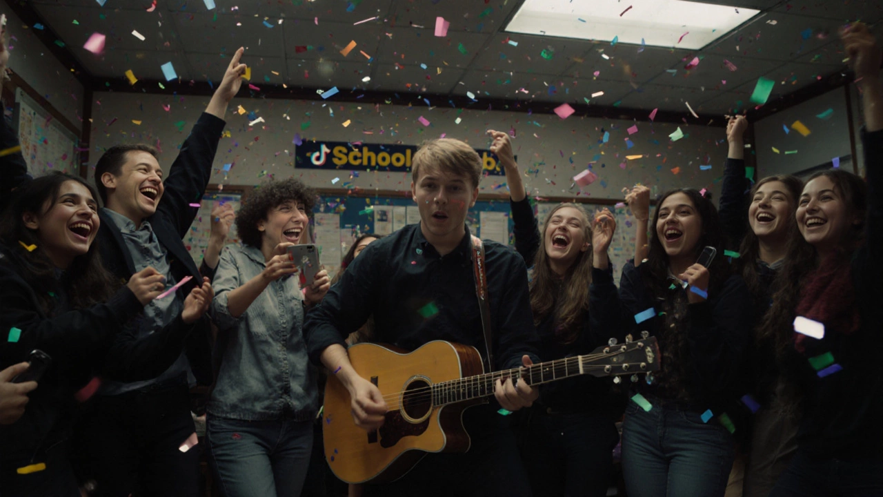 A group of students cheering as one plays guitar in a classroom with phone lights glowing.