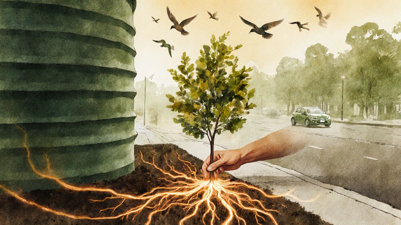 A hand planting a sapling next to a rainwater tank, with birds and abstract ecological connections.