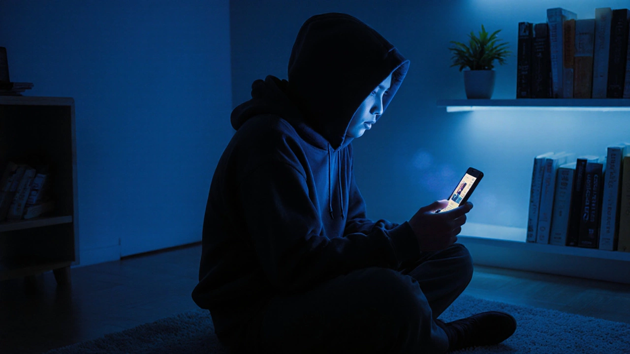 A person recording an audiobook in a quiet room at night, lit by a soft screen glow.