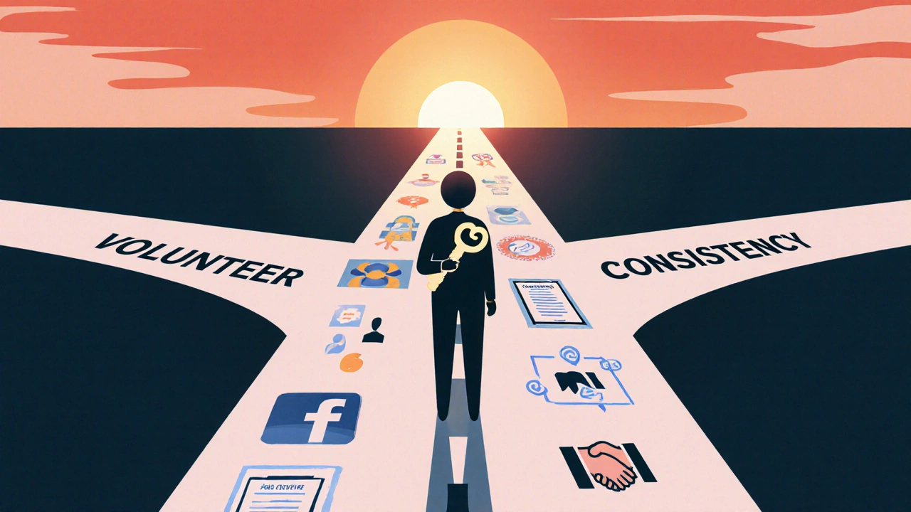 A person walking a path where volunteering leads to a paid career, symbols of skills lining the way.