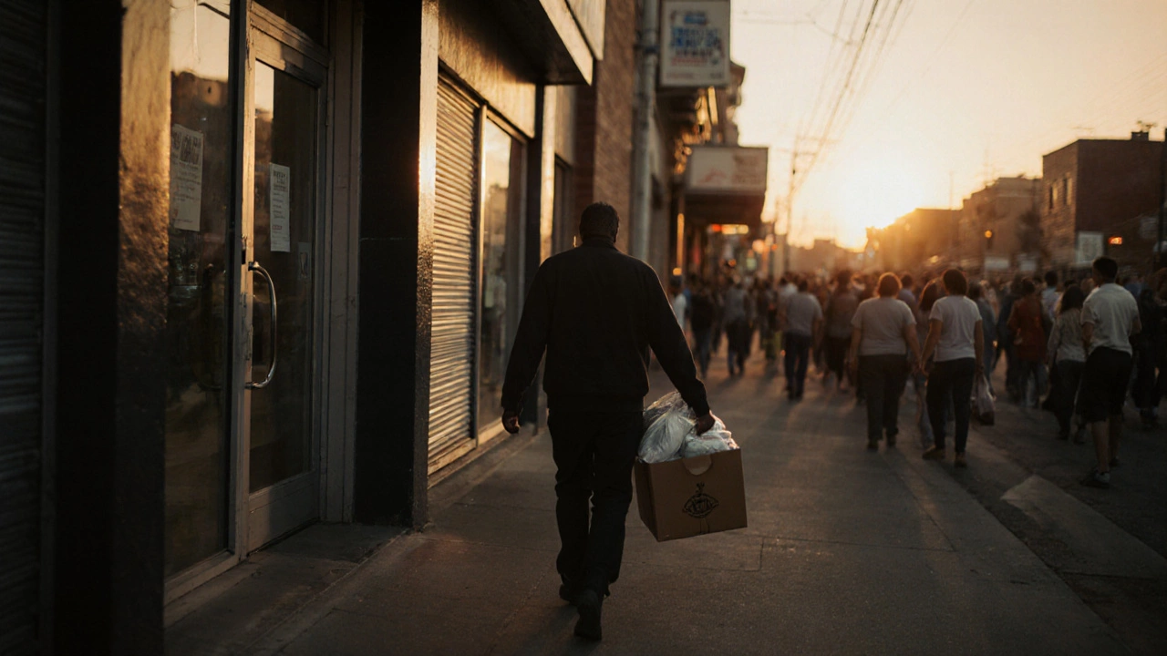 A person walking away from a closed nonprofit office at dusk, carrying unused supplies as a crowd fades behind them.