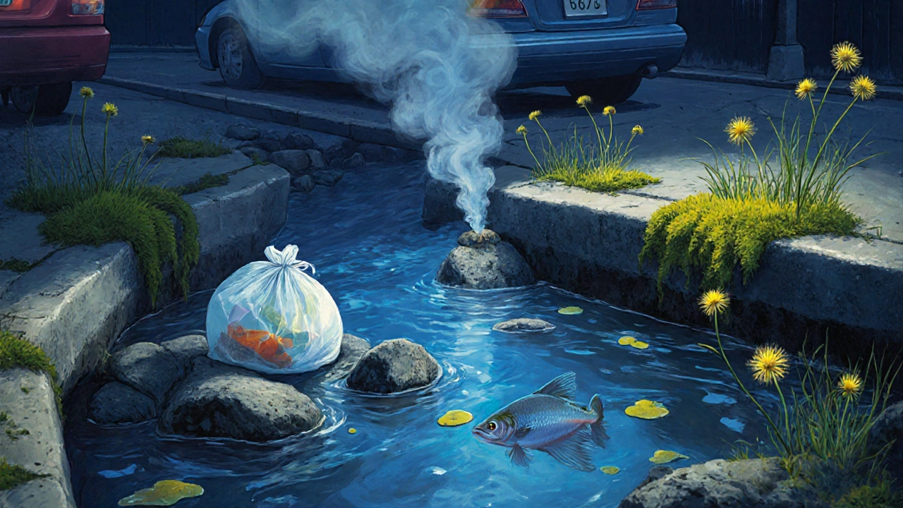 A plastic bag in a polluted creek with a dead fish and moss growing on concrete.