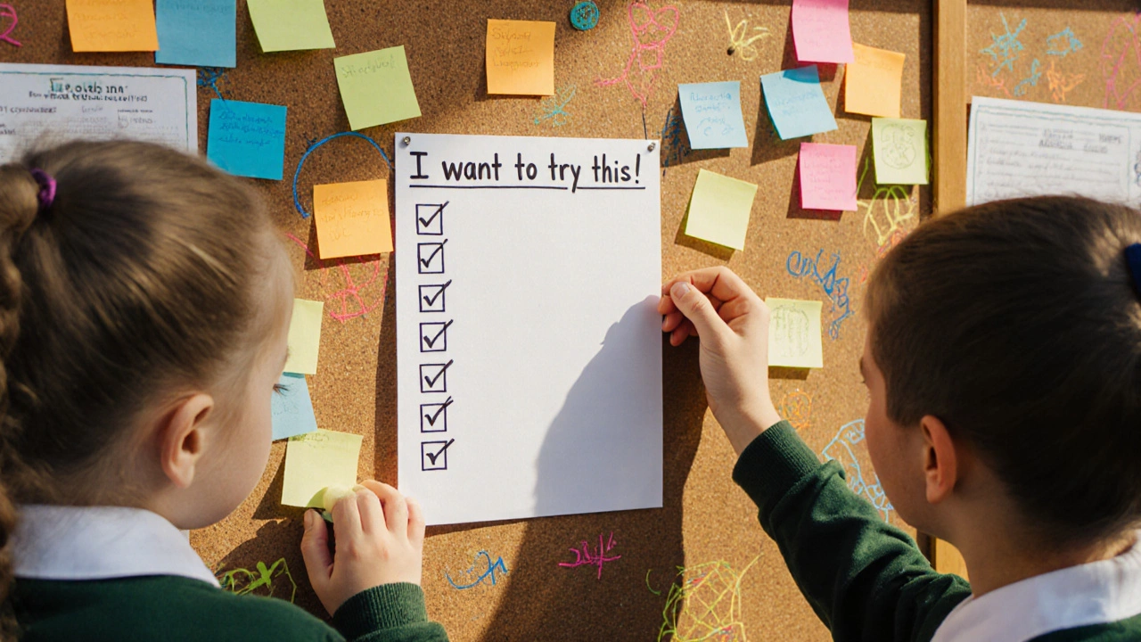 A simple sign-up card with checked boxes on a school noticeboard near the canteen.