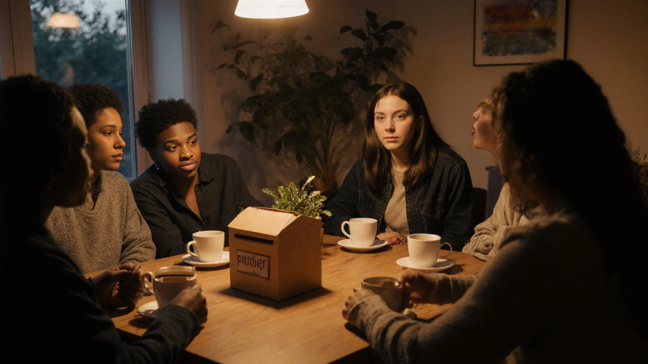 A small group listening to a personal story over coffee in a quiet community center.