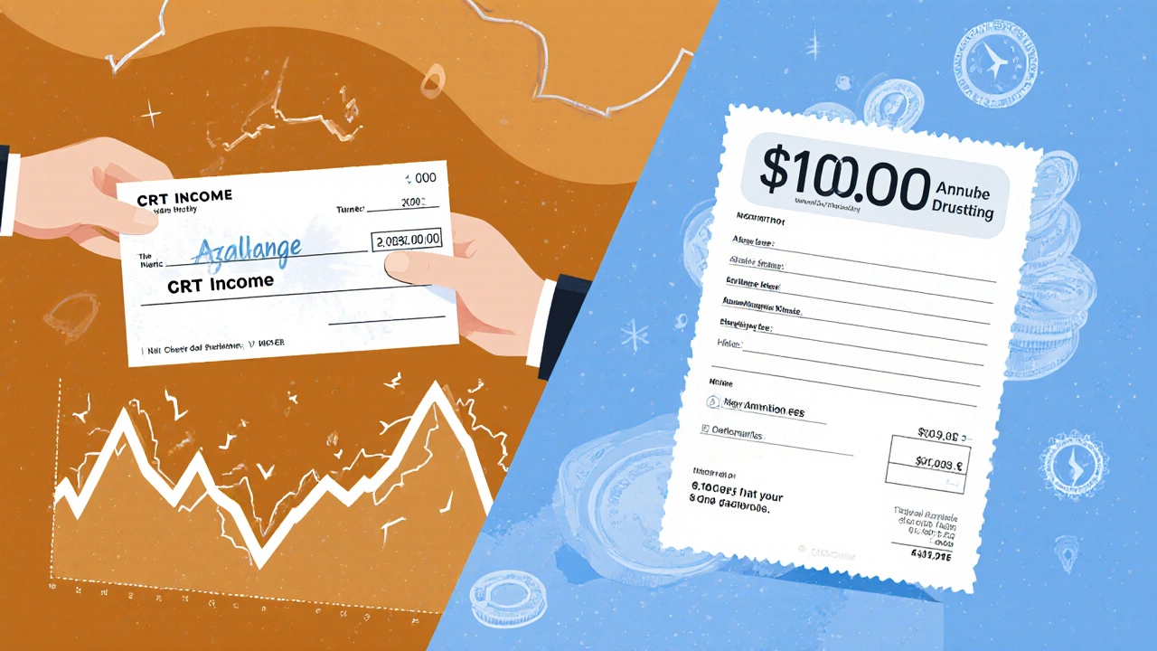 A split visual showing declining income and high trustee fees draining a charitable remainder trust&#039;s value.