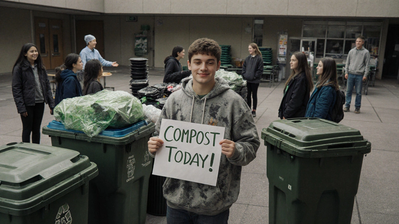 A teen organizes recycling at school with handmade signs, inspiring peers without a formal title.