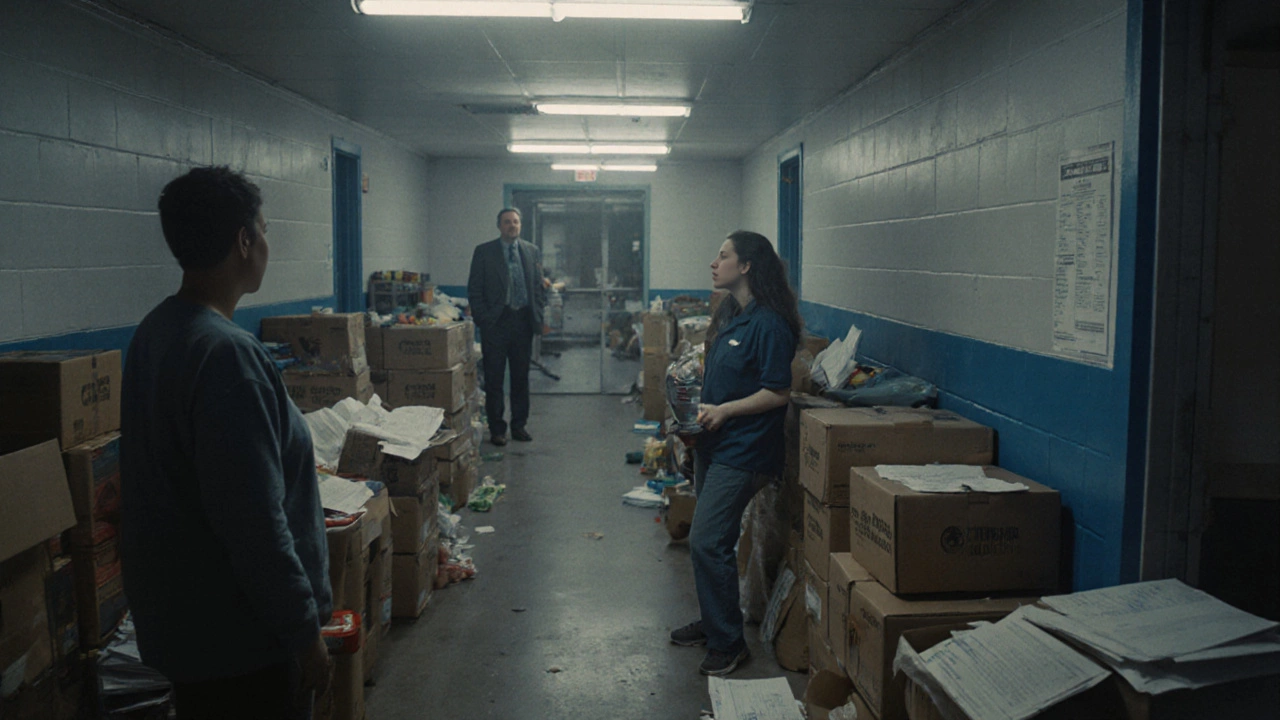 A volunteer overwhelmed by paperwork and unopened boxes in a cluttered food bank, ignored by a distant supervisor.