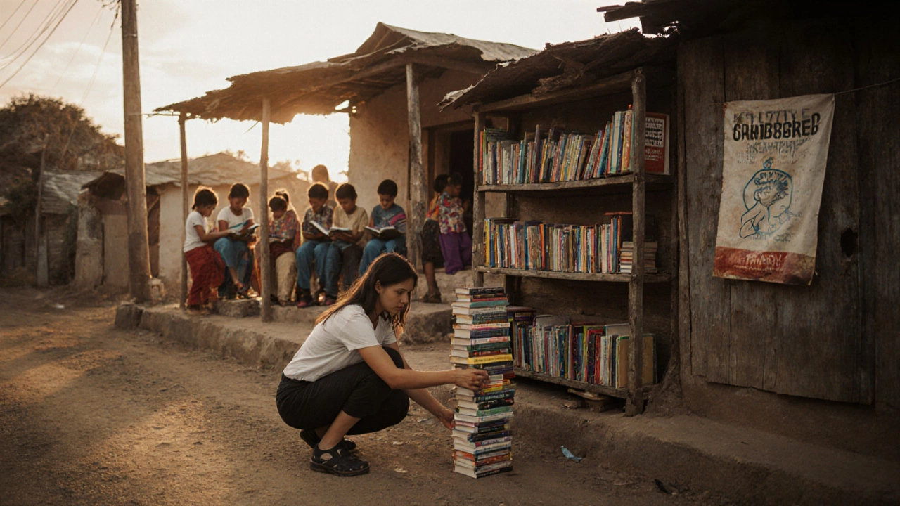 A young builder constructs a library in a rural village, stacking donated books for children to read.