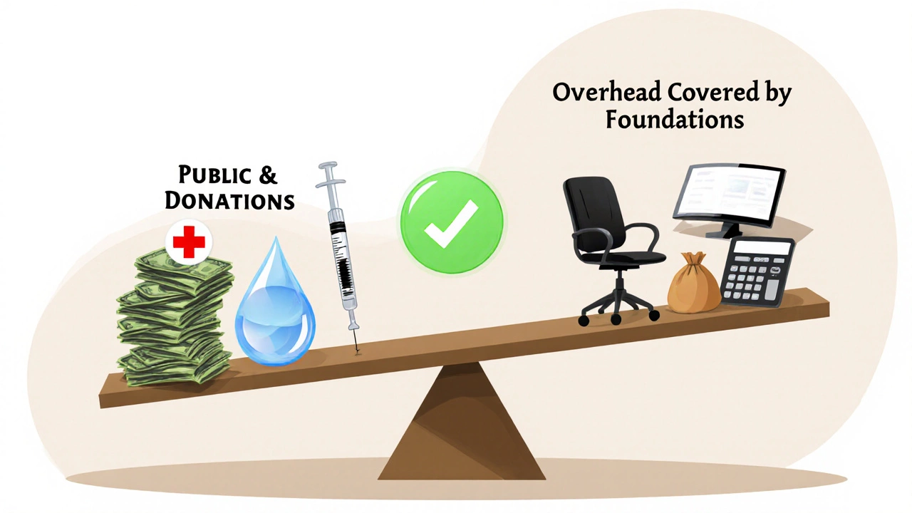 Balanced scale with public donations going to aid and overhead covered by foundations.